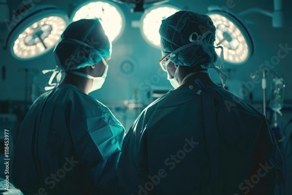 Fototapeta Back view of a surgeon doing a surgical operation at hospital , surgery in operating room concept image