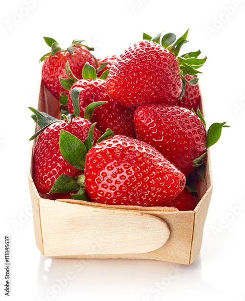 Fototapeta Strawberry in wooden container box isolated on white