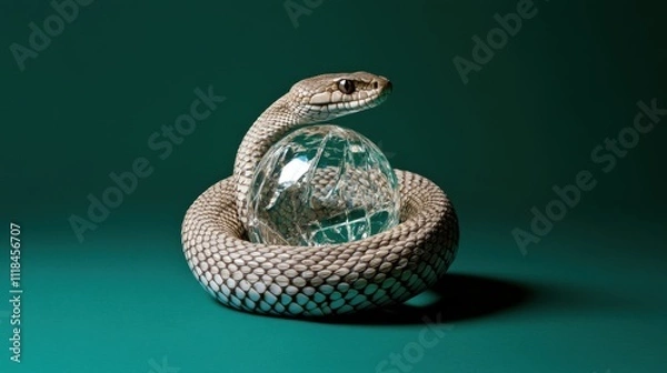 Fototapeta A snake is elegantly coiling around a clear crystal orb while resting on a solid teal backdrop in a carefully arranged studio environment