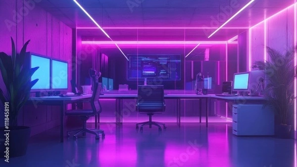 Obraz A modern office space illuminated with vibrant pink and blue neon lights, featuring sleek furniture and a futuristic design.
