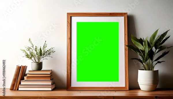 Fototapeta mock up wooden frame with green screen, plants, and books. Perfect for stationery, book cover design, or creative writing concept backgrounds.