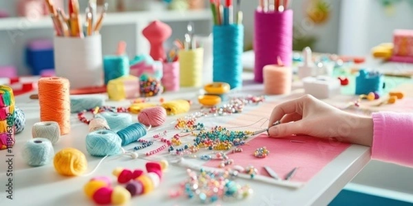 Obraz A colorful craft workspace filled with beads, threads, and tools for creative projects.