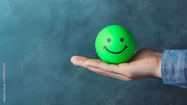 Fototapeta Customer service evaluation, customer satisfaction good level and satisfaction survey concept. Man hand holds a green smiling ball, isolated in a blue background