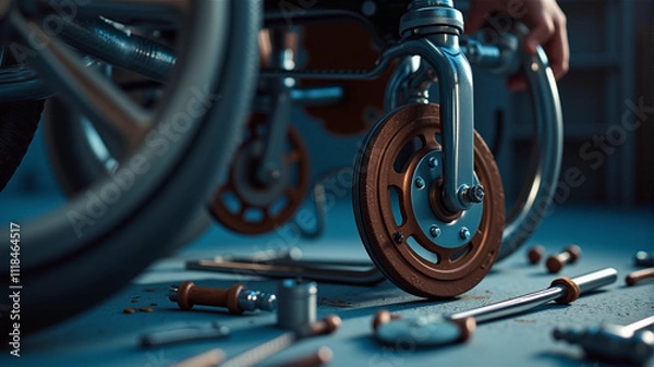 Fototapeta Wheelchair Brake System Maintenance Close-Up in Clinical Workshop, Technical Precision