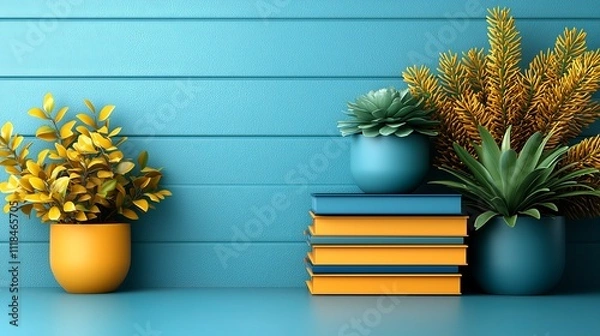 Fototapeta A stack of books sitting on top of a table next to two potted plants
