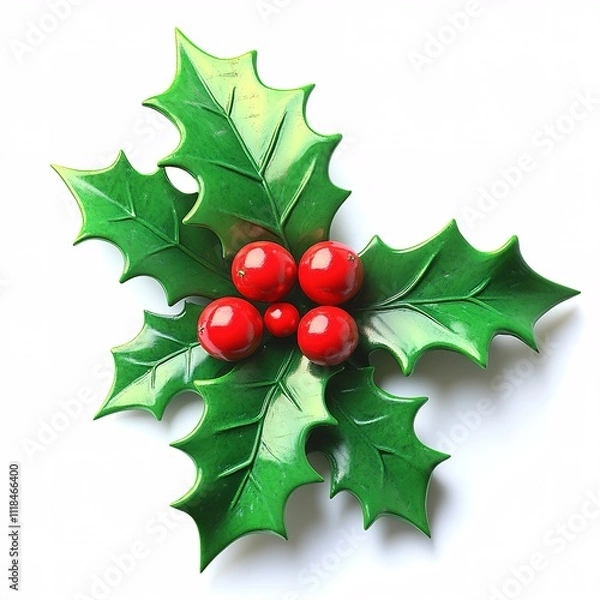 Fototapeta minimalistic green holly sprig with three red berries centered on solid white background with copy space