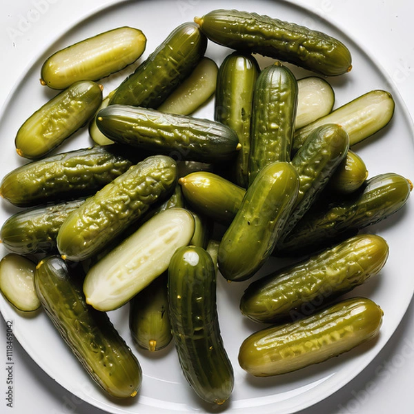 Fototapeta Pickled cucumbers on a plate. Exquisite snack. Homemade preparations for the winter. Illustration on a white background