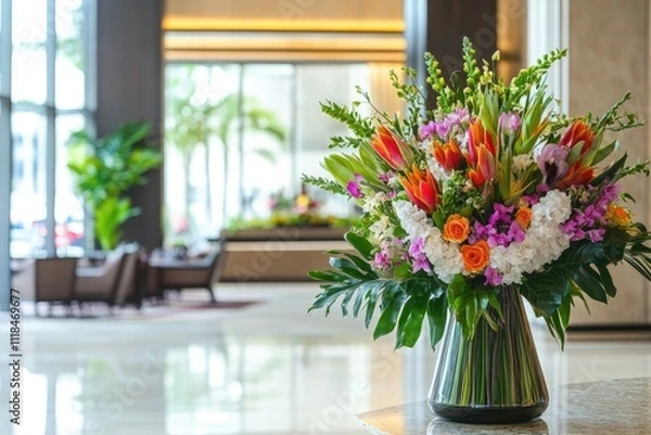 Fototapeta Vibrant floral arrangement in modern lobby with large windows
