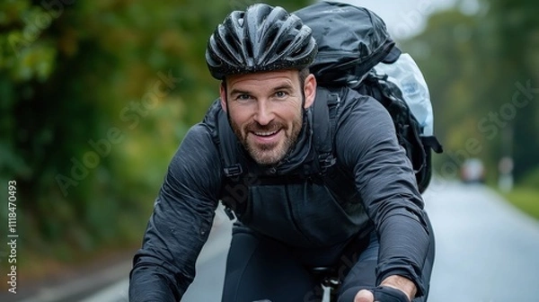 Fototapeta Man cycling home from work as part of an eco-friendly lifestyle