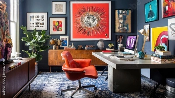Fototapeta Eclectic home office with bold artwork and a mix of vintage and modern pieces