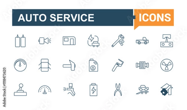 Fototapeta Auto Service line icons set. Includes icons for automotive, mechanic, key, isolated, garage and more. Simple icon designs. Editable stroke. Vector illustration.