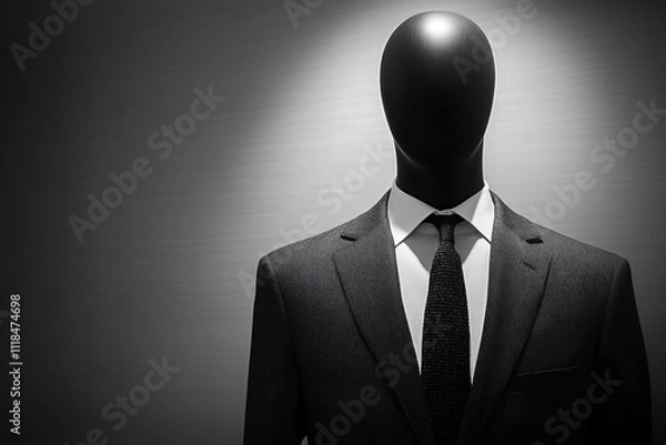 Fototapeta A headless mannequin in a dark suit and tie, dramatically lit against a dark background.
