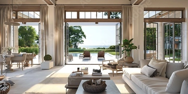 Fototapeta Mediterranean inspired villa with a sprawling garden and a private beach access in the exclusive Hamptons, New York