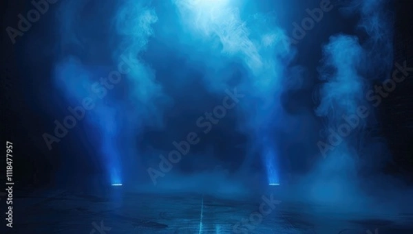 Fototapeta Empty Dark Stage with Orange Mist Fog Smoke - Platform Showcasing Artistic Work Product