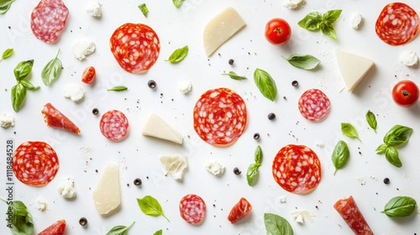 Fototapeta Colorful Spread of Assorted Deli Meats, Fresh Herbs, and Cheese on a White Background for Culinary and Food Photography Projects