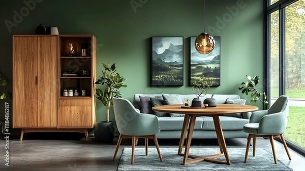 Fototapeta Modern Green Living Room with Wooden Furniture