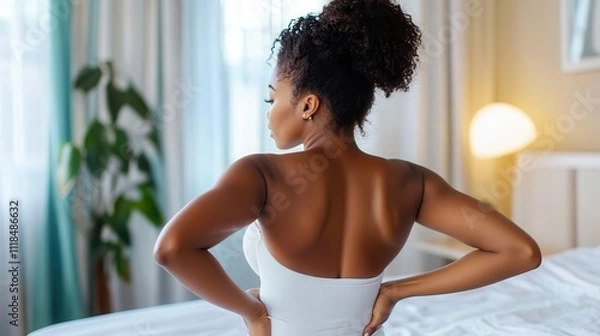 Fototapeta A woman with curly hair stands with her back facing the viewer, wearing a white garment while standing in a softly lit bedroom, capturing a peaceful ambiance.