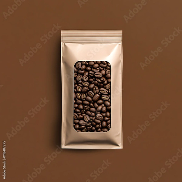 Obraz minimalistic coffee packaging design featuring roasted coffee beans in clear window. neutral background enhances product appeal and simplicity
