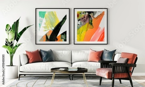 Fototapeta A beautifully designed living room features a contemporary sofa paired with a unique coffee table, showcasing vibrant abstract artworks in elegant frames, surrounded by lush greenery