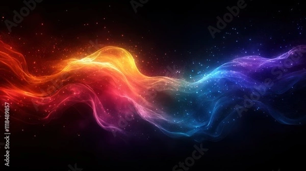 Fototapeta Abstract colorful energy wave with glowing particles on dark background.