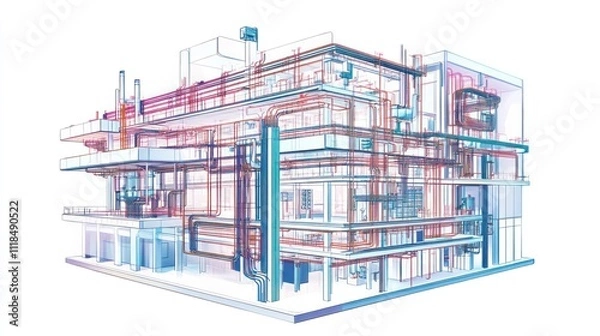 Fototapeta 3D model of building's complex infrastructure, showcasing plumbing, ventilation, and electrical systems.