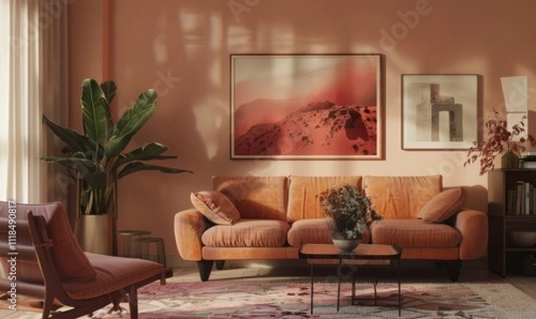 Fototapeta In this inviting living room mockup, tasteful picture frames adorn the walls, complementing the elegant orange sofa and warm, earthy decor. Natural light enhances the cozy ambiance