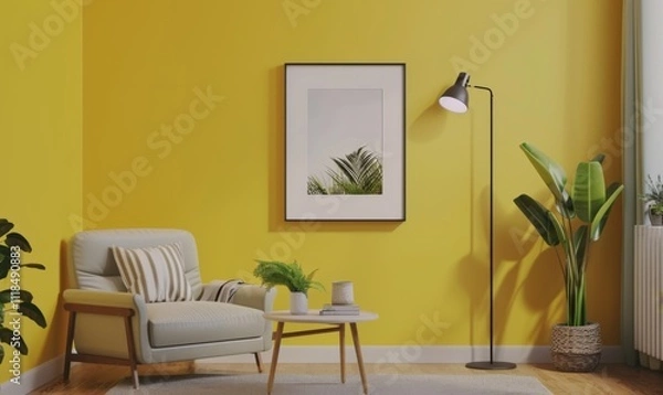 Fototapeta In a cozy living room, a sleek picture frame adorns the vibrant yellow wall, complementing modern furniture. A chic lamp and lush plants enhance the inviting atmosphere
