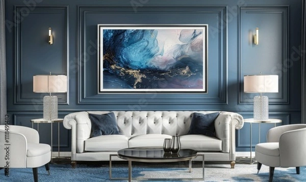 Obraz This living room exudes sophistication with a beautiful picture frame showcasing abstract art above a plush sofa. The serene color palette enhances the elegant ambiance of the space