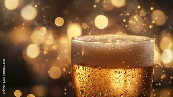 Fototapeta Close-up of a frothy Irish stout in a classic pint glass, with condensation and a soft, warm pub-like glow in the background.
