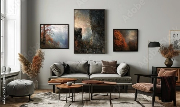 Fototapeta This cozy living room features a stylish arrangement of picture frames displaying stunning artwork with rich autumn colors. Soft furnishings and natural light create a warm ambiance