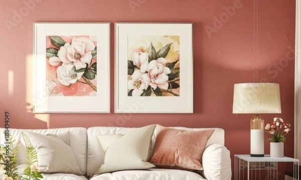 Fototapeta Within a beautifully designed living room, a vibrant set of floral picture frames adorns the wall above a cozy sofa. The soft color palette complements the serene atmosphere, inviting relaxation
