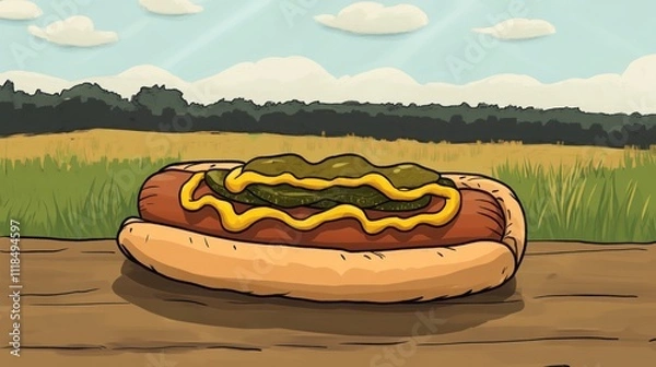 Obraz A cartoon-style hot dog with mustard and pickles on a wooden surface against a grassy background.