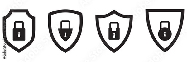 Fototapeta Security shield icons, security shields logotypes with check mark and padlock. Safety shield symbols. Vector illustration