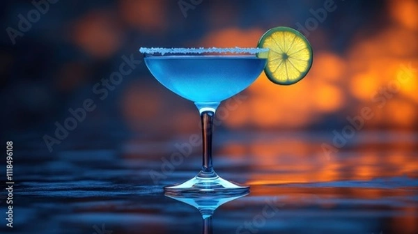 Obraz Vibrant blue cocktail with lime garnish on a reflective surface, against a warm sunset backdrop.