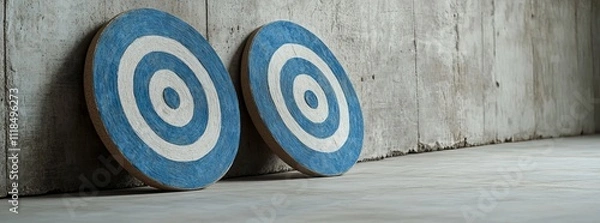 Obraz Two blue and white targets lean against a concrete wall.  A concept of aiming for goals.