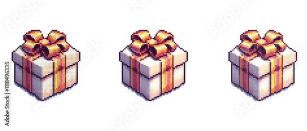Obraz Pixel art style gift box with a large golden bow on top and golden ribbons wrapped around it.