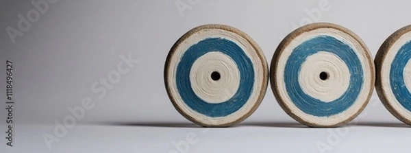 Obraz Three rustic wooden spools with blue and white concentric circles.  Simple, minimalist design.