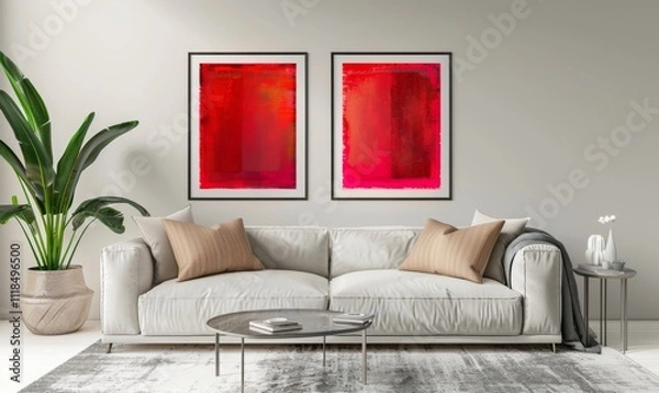 Fototapeta In a stylish living room, a cozy sofa adorned with cushions complements two striking picture frames on the wall. The vibrant artwork adds a pop of color, creating an inviting atmosphere
