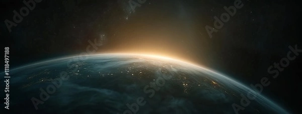 Obraz Sunrise over Earth, seen from space. A breathtaking view of our planet's curve with city lights and a warm sunrise glow.