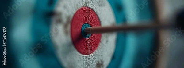Fototapeta Arrow hitting the bullseye on a textured target.  Precision and accuracy.