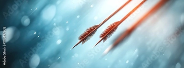 Obraz Two metallic arrows fly through a bokeh background.  A concept of success and reaching goals.