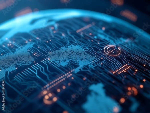 Obraz Global network connection, digital world map on a circuit board. Futuristic technology concept.