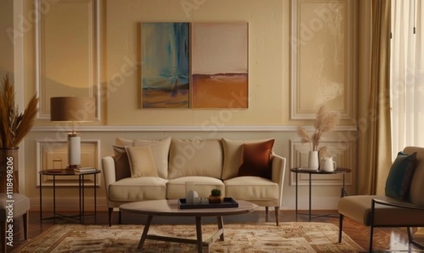 Fototapeta In a beautifully designed living room, a sophisticated arrangement of three picture frames adorns the wall