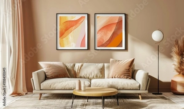 Fototapeta A cozy living room showcases a stylish sofa adorned with soft cushions, complemented by two vibrant picture frames on the wall. Warm colors and modern decor create a welcoming atmosphere
