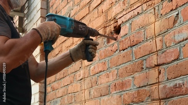 Fototapeta a hard worker in a black T-shirt and a blue protective mask with a pneumatic hammer hammering a red brick wall, punching a hole in the brickwork of a house wall with a drill