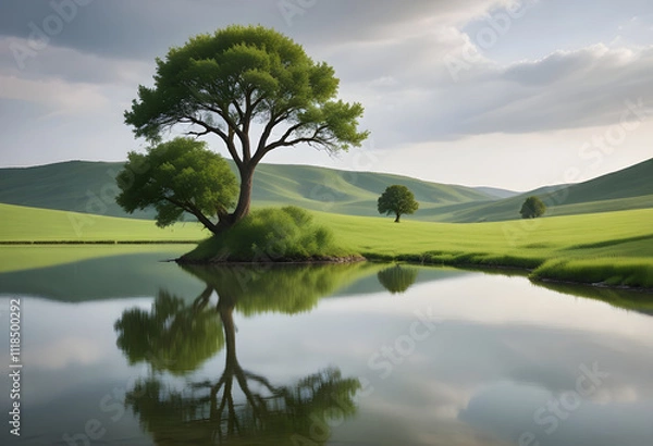 Fototapeta solitary green tree on an island with city skyline in the distance. peaceful reflections of nature and urban silhouettes on calm water. contrasting elements of nature and modern architecture in soft l