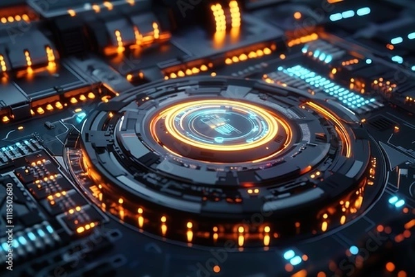 Fototapeta Concept CPU microchip for ai and data network. Close-up view of modern chip gpu card with neon lights
