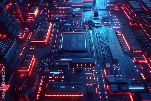 Fototapeta Concept CPU microchip for ai and data network. Close-up view of modern chip gpu card with neon lights