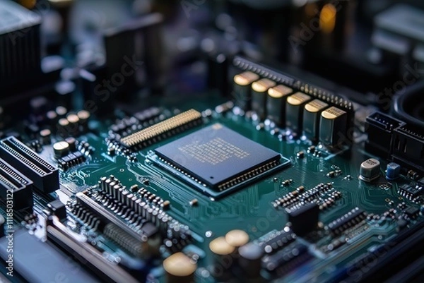 Fototapeta Concept CPU microchip for ai and data network. Close-up view of modern chip gpu card with neon lights