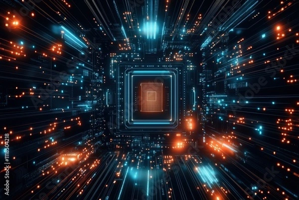 Fototapeta Concept CPU microchip for ai and data network. Close-up view of modern chip gpu card with neon lights